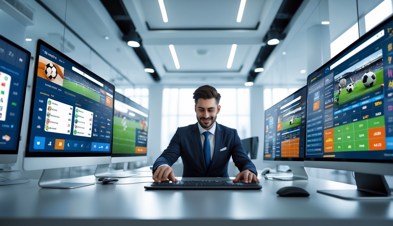 Seseorang menggunakan komputer dengan beberapa layar menampilkan berbagai pertandingan olahraga untuk memasang taruhan parlay online.