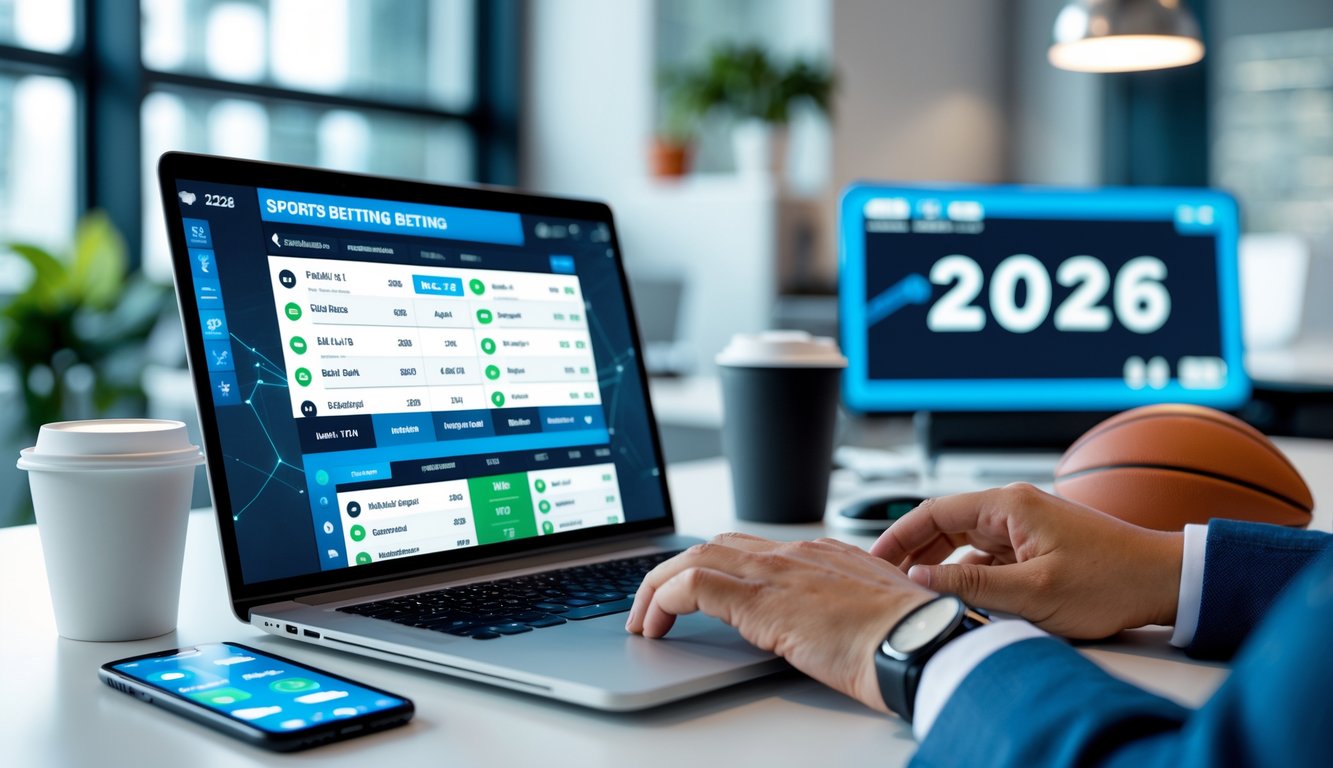 Seorang pria menggunakan laptop di meja kerja dengan tampilan taruhan olahraga online, dikelilingi oleh bola sepak dan bola basket, menunjukkan suasana layanan taruhan parlay terbaik tahun 2026.