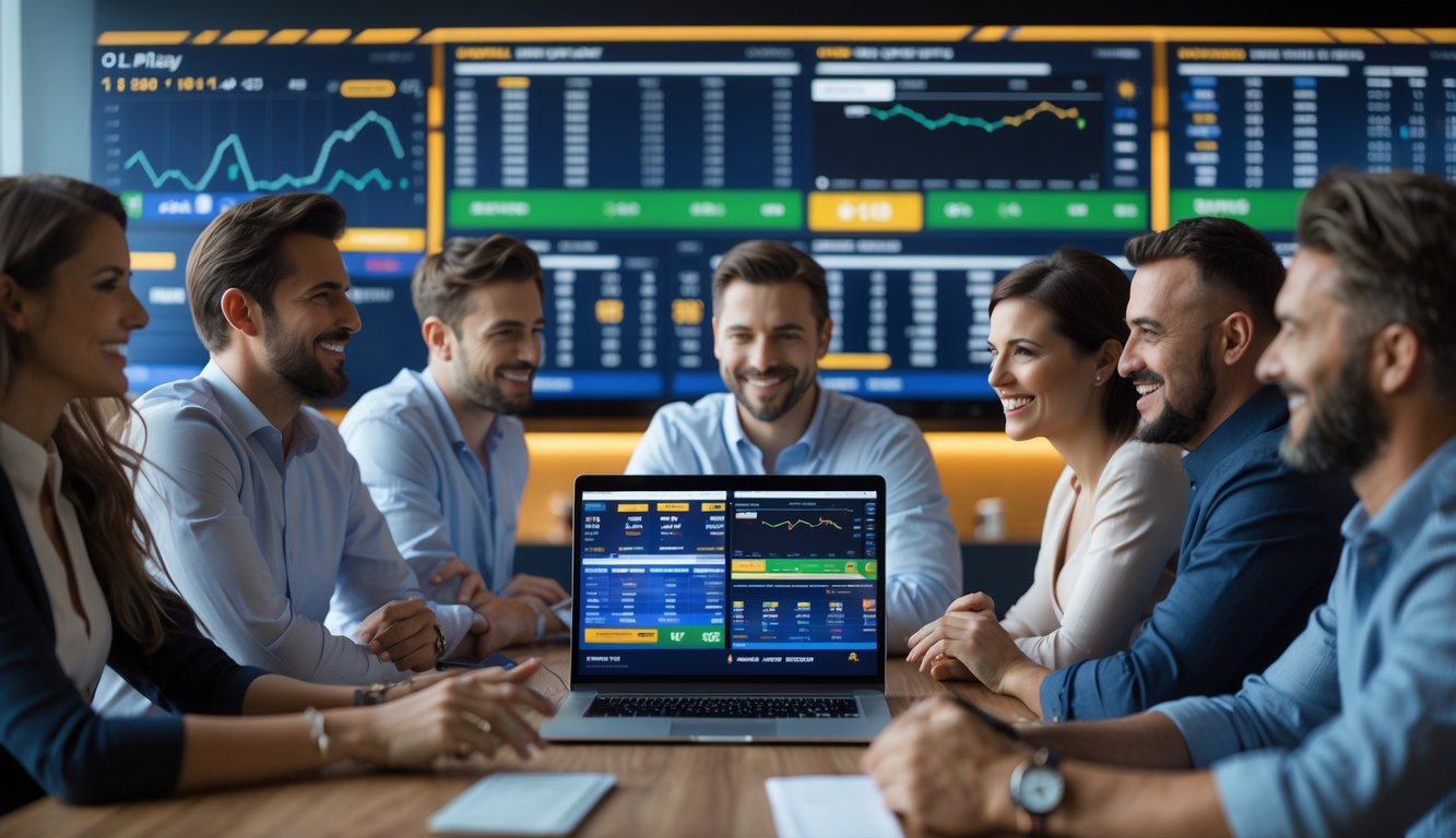 Sekelompok orang sedang menggunakan laptop dan monitor besar untuk bermain taruhan bola online di ruangan yang modern dan terang.