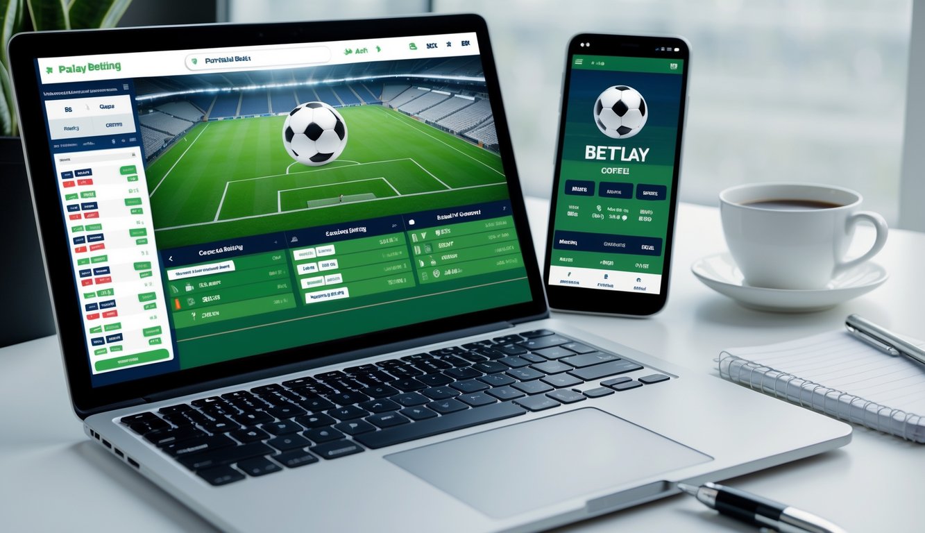 Seorang pengguna sedang melihat layar komputer dengan antarmuka taruhan sepak bola online yang menampilkan beberapa pilihan pertandingan dan peluang taruhan.