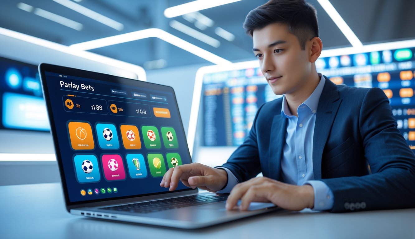 Seorang dewasa muda menggunakan laptop di meja kerja dengan layar menampilkan antarmuka taruhan olahraga online, dikelilingi oleh ikon olahraga dan elemen teknologi futuristik.