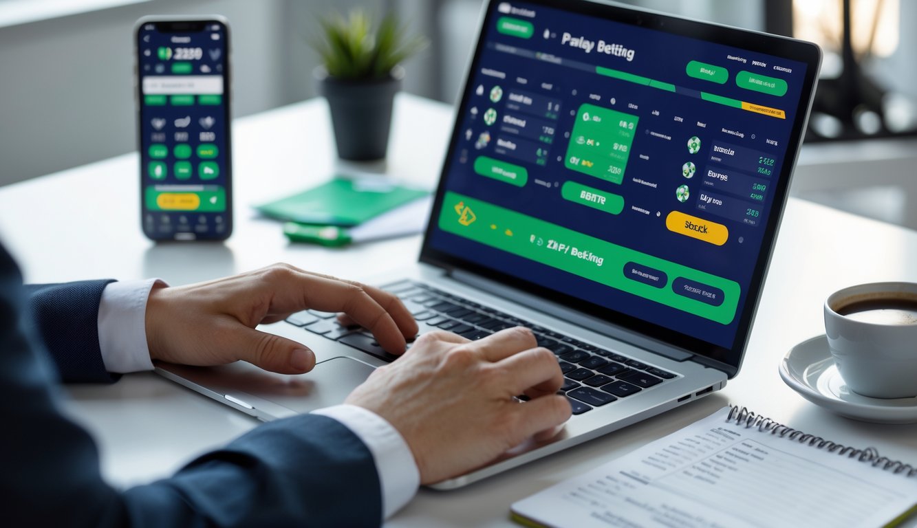Seorang pengguna sedang menggunakan laptop di meja kerja dengan tampilan antarmuka taruhan olahraga online, dikelilingi oleh ponsel, catatan, dan secangkir kopi.