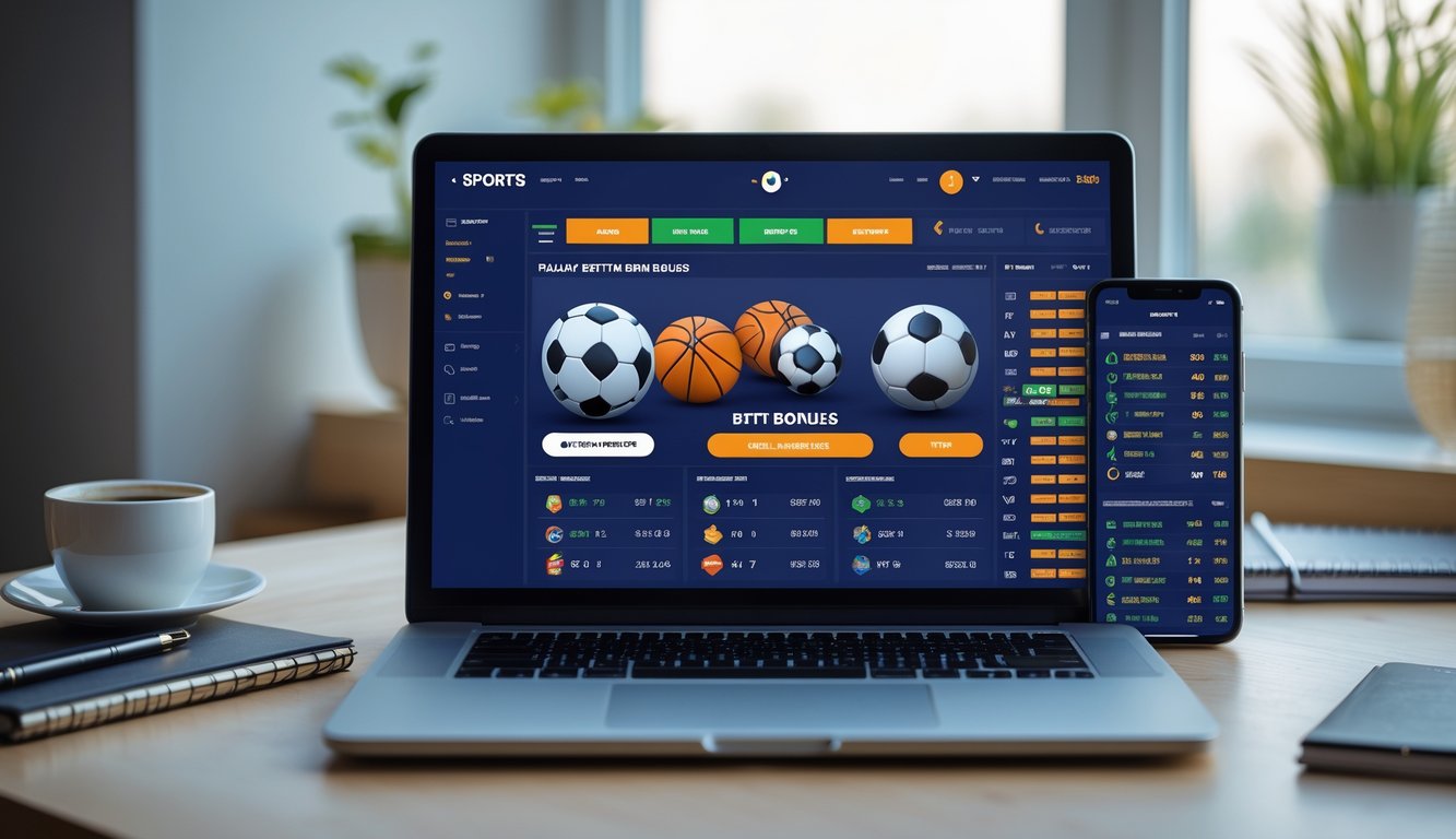 Seorang pria menggunakan laptop dan ponsel untuk memasang taruhan olahraga online di meja kerja dengan cahaya alami.