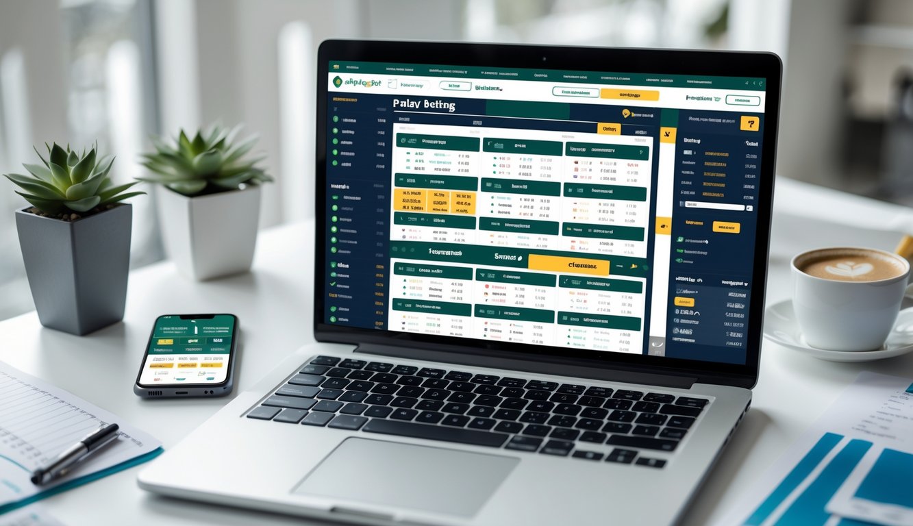Seorang pria menggunakan laptop dan ponsel untuk memasang taruhan olahraga secara online di meja kerja yang rapi dengan cangkir kopi dan catatan.