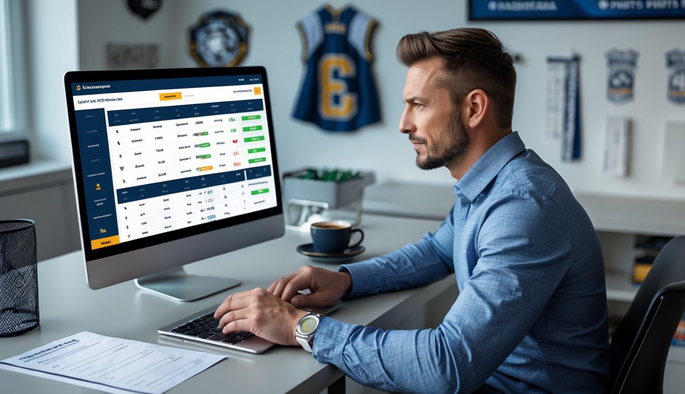 Seorang pria duduk di meja kerja dengan laptop, memeriksa situs taruhan bola online di ruang kerja yang rapi.