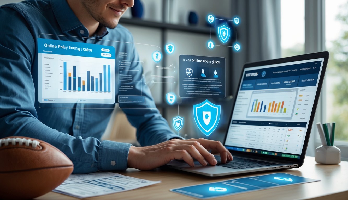 Seseorang sedang menggunakan laptop di ruang kerja yang terang dan rapi, fokus memilih platform taruhan bola online yang aman dengan simbol keamanan di layar dan perlengkapan olahraga di sekitar.