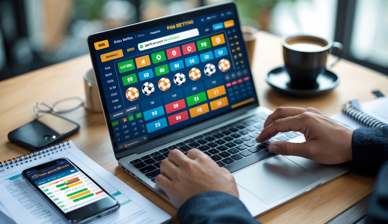 Seseorang menggunakan laptop dengan tampilan situs taruhan bola online, dikelilingi oleh ponsel dan alat tulis di meja kerja.