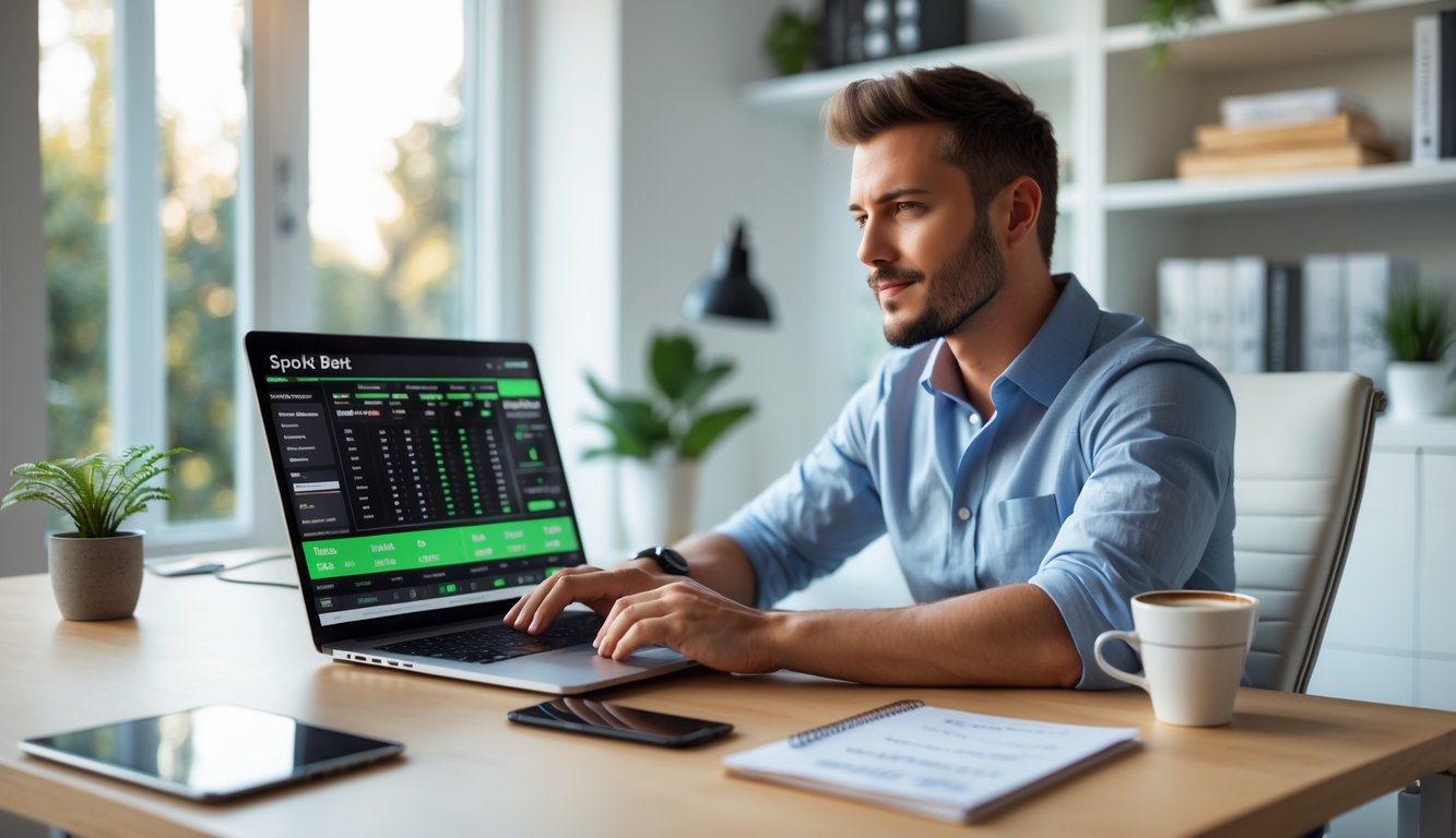 Seorang pria duduk di meja kerja dengan laptop yang menampilkan data taruhan olahraga, terlihat fokus dan serius.