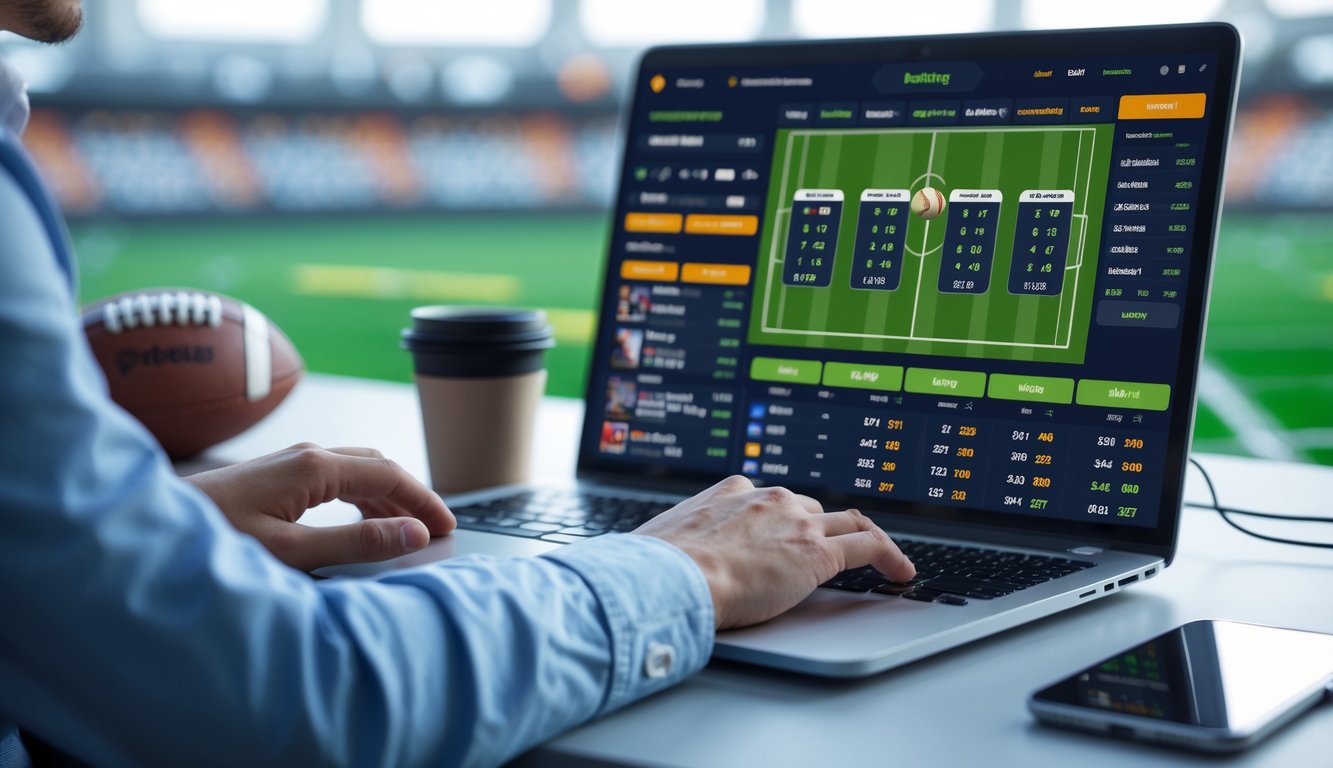 Seorang pria menggunakan laptop dengan tampilan taruhan sepak bola langsung di meja kerja modern, dengan bola sepak dan grafik statistik di latar belakang.