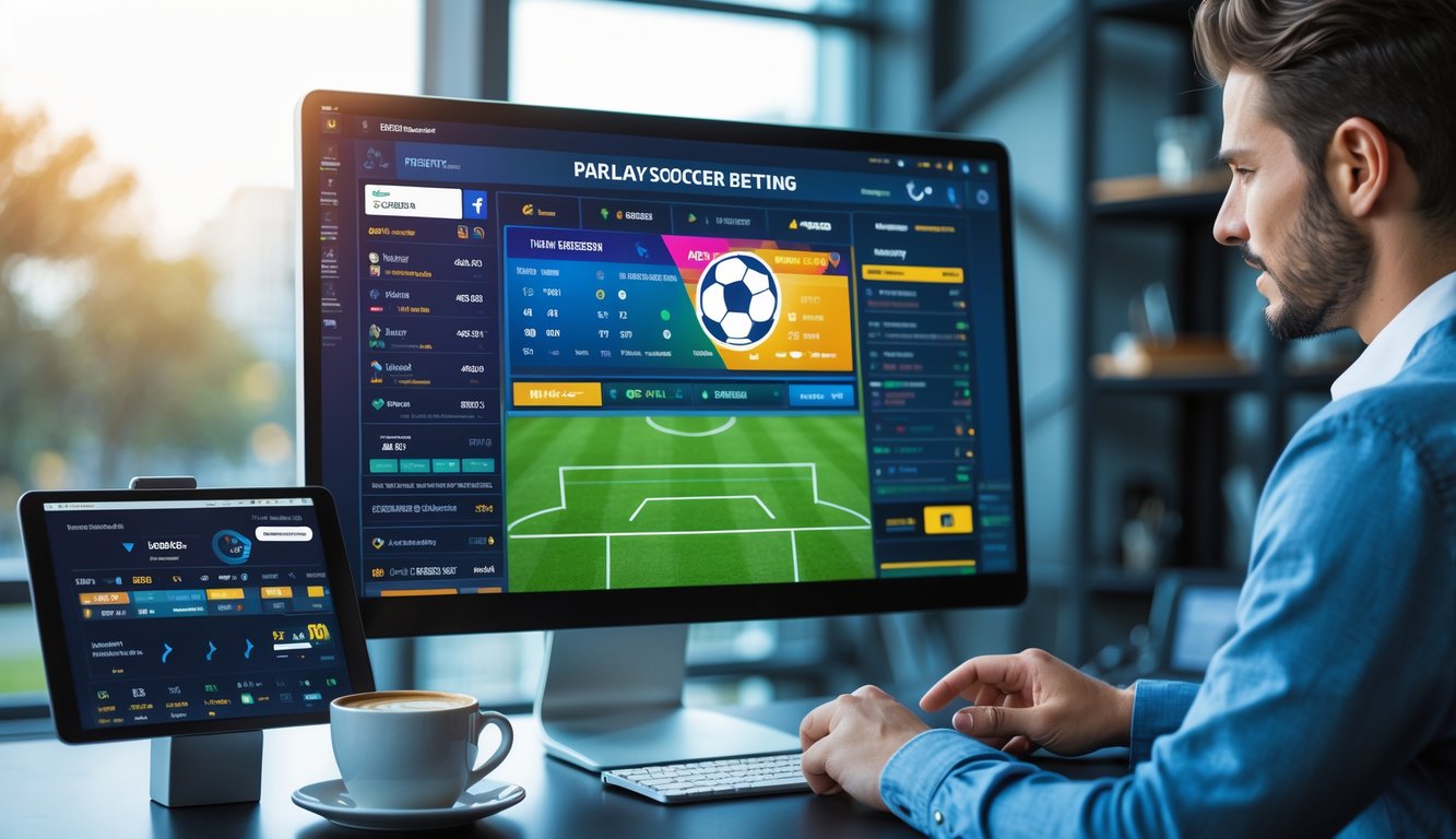 Seseorang menggunakan komputer dengan tampilan antarmuka taruhan bola parlay online yang menampilkan statistik pertandingan sepak bola secara langsung.
