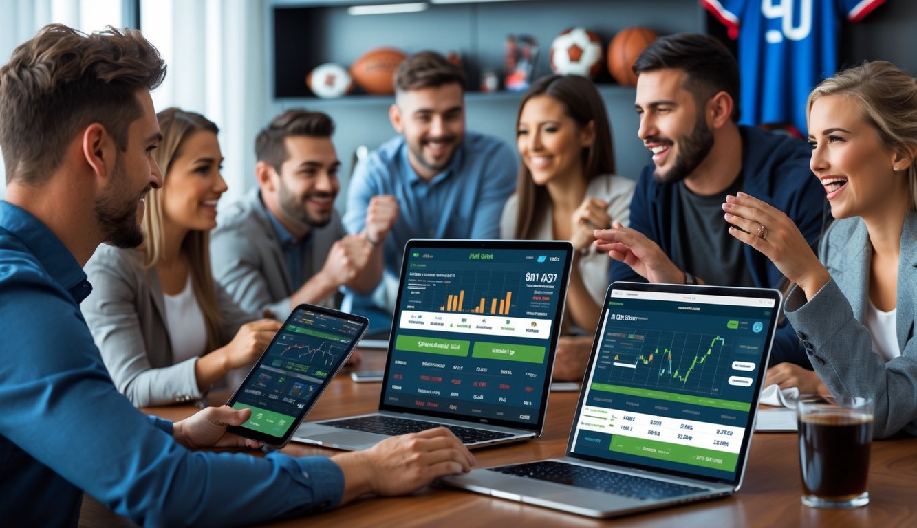 Beberapa orang menggunakan perangkat digital untuk memasang taruhan olahraga secara online di ruangan modern.