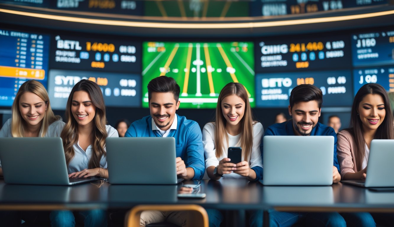 Sekelompok orang muda menggunakan laptop dan ponsel di ruangan modern dengan layar besar menampilkan pertandingan sepak bola dan grafik taruhan.