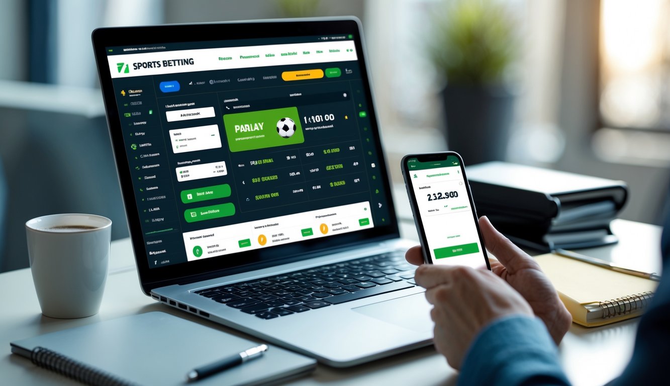 Seseorang menggunakan laptop dan ponsel untuk taruhan bola online dengan konfirmasi pembayaran cepat di meja kerja.