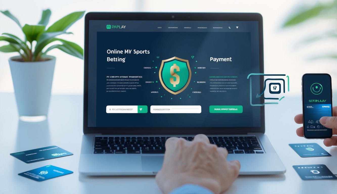 Seorang profesional menggunakan laptop dengan layar situs taruhan olahraga online, dikelilingi oleh kartu kredit dan ponsel yang menunjukkan konfirmasi pembayaran.