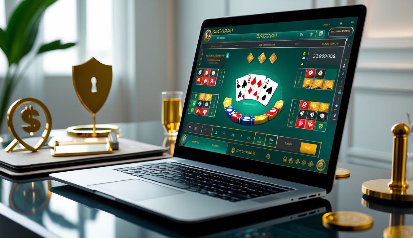Sebuah meja kerja modern dengan komputer menampilkan permainan baccarat online, dilengkapi dengan kartu dan chip, menunjukkan suasana permainan yang profesional dan terpercaya.