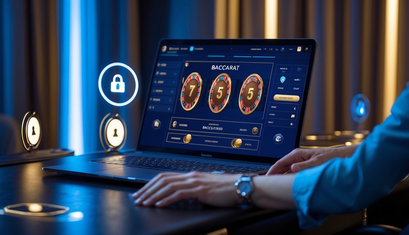 Seorang pemain sedang menggunakan komputer dengan permainan baccarat online yang ditampilkan di layar, menunjukkan suasana permainan kasino yang meyakinkan dan modern.
