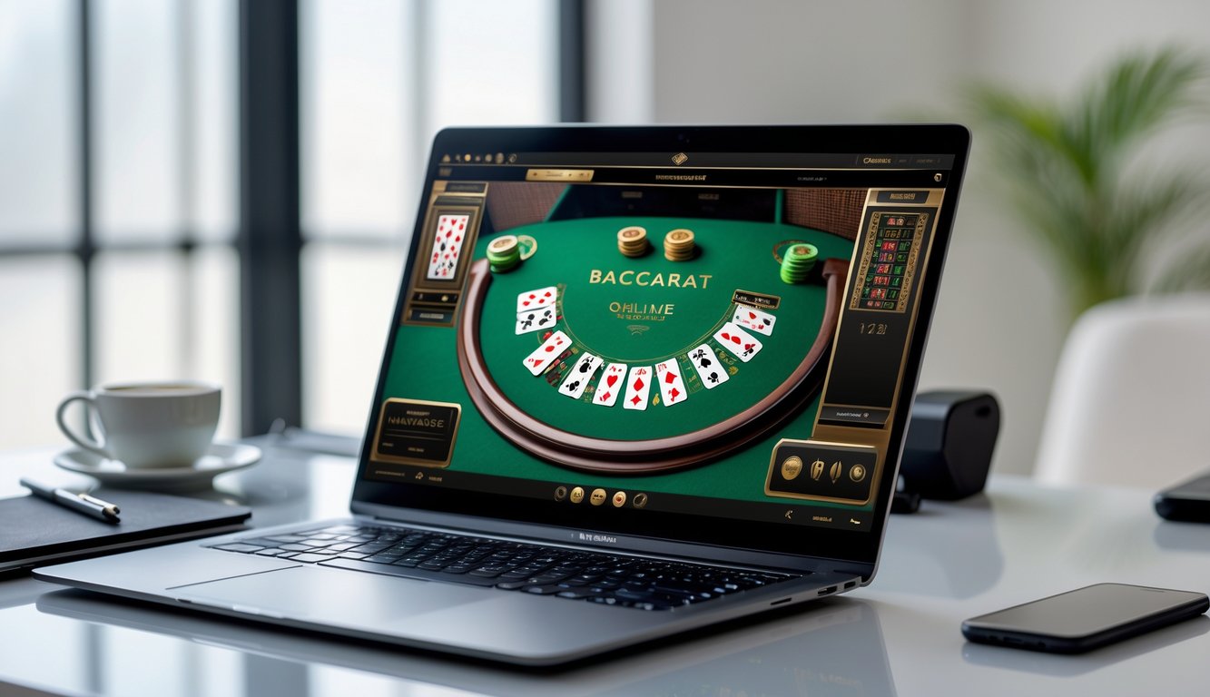 Seorang pemain duduk di depan komputer dengan tampilan permainan baccarat online di layar, di meja terdapat cangkir kopi dan ponsel.
