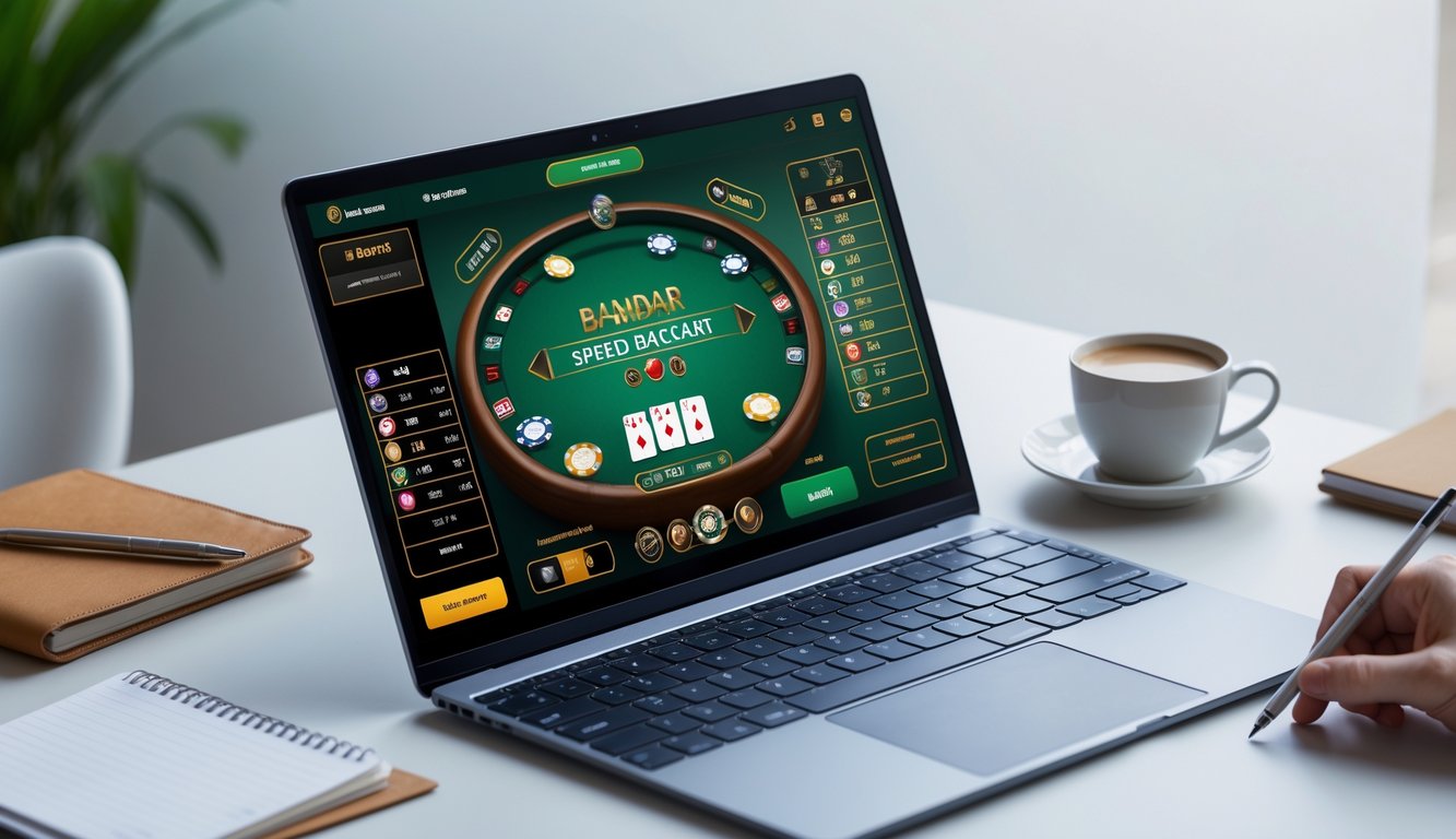 Seorang pemain sedang menggunakan komputer dengan tampilan permainan Bandar Speed Baccarat online, di meja terdapat buku catatan dan cangkir kopi.