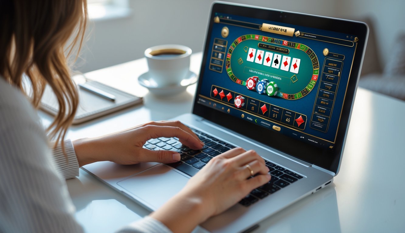 Seorang pengguna bermain permainan baccarat online di depan komputer dengan kartu dan chip terlihat di layar.