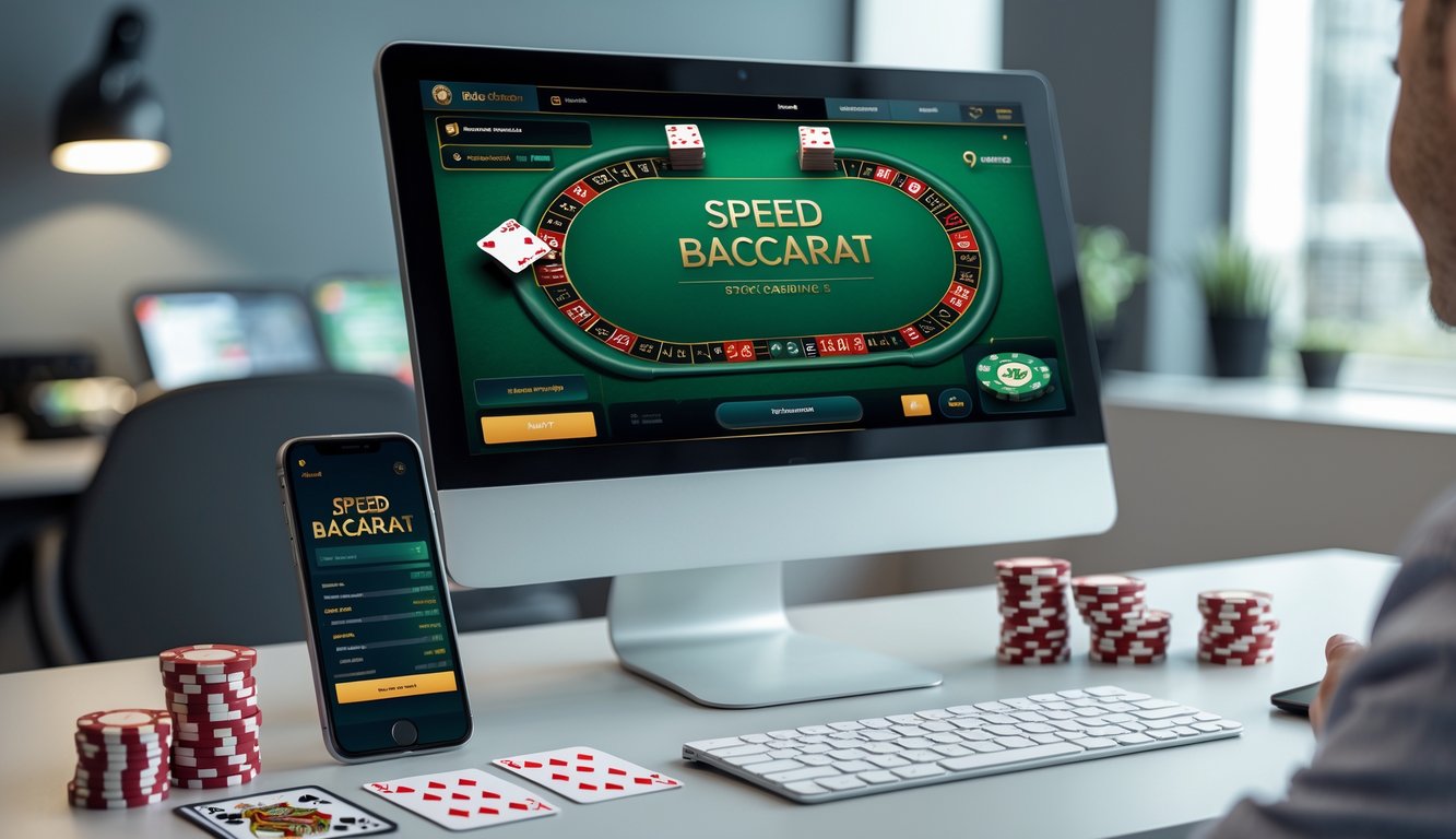 Seorang pemain menggunakan laptop dan ponsel untuk bermain baccarat online dengan chip dan kartu di meja.