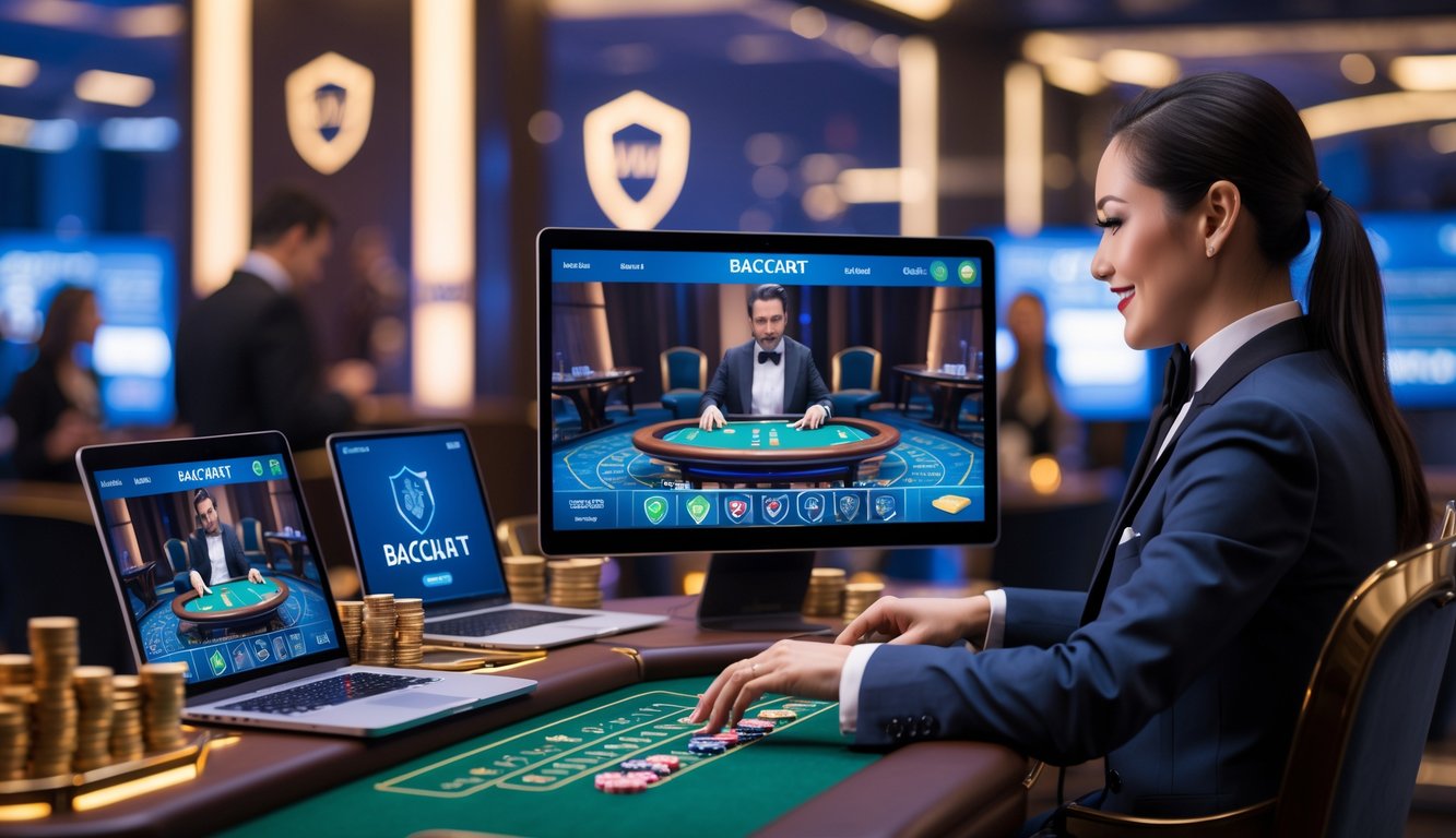 Seorang dealer live baccarat sedang bermain dengan pemain yang menggunakan laptop dan ponsel di lingkungan yang modern dan aman.