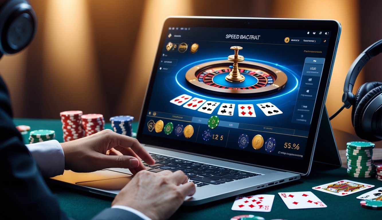 Seseorang bermain baccarat online dengan laptop, kartu remi, dan chip poker di meja.