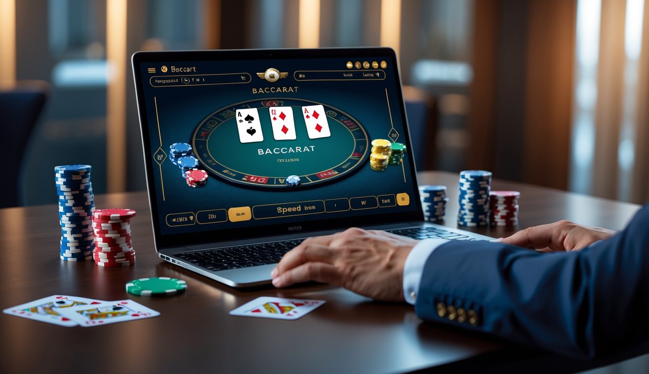 Seseorang sedang bermain Speed Baccarat online menggunakan laptop dengan kartu dan chip di atas meja.