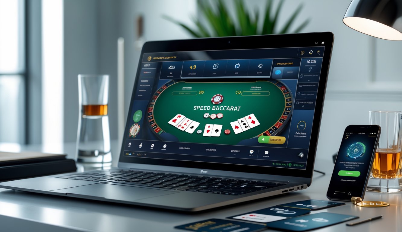 Seorang pemain menggunakan komputer dengan tampilan permainan baccarat online dan ikon pembayaran digital di meja yang rapi.