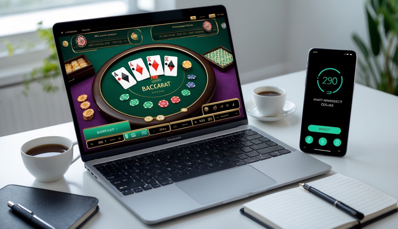 Seorang pengguna sedang bermain speed baccarat online di laptop dengan ponsel menampilkan konfirmasi transaksi cepat di meja kerja yang rapi.