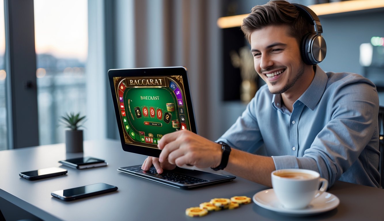 Seorang dewasa muda sedang bermain baccarat online dengan ekspresi antusias di depan laptop di ruangan rumah yang rapi.