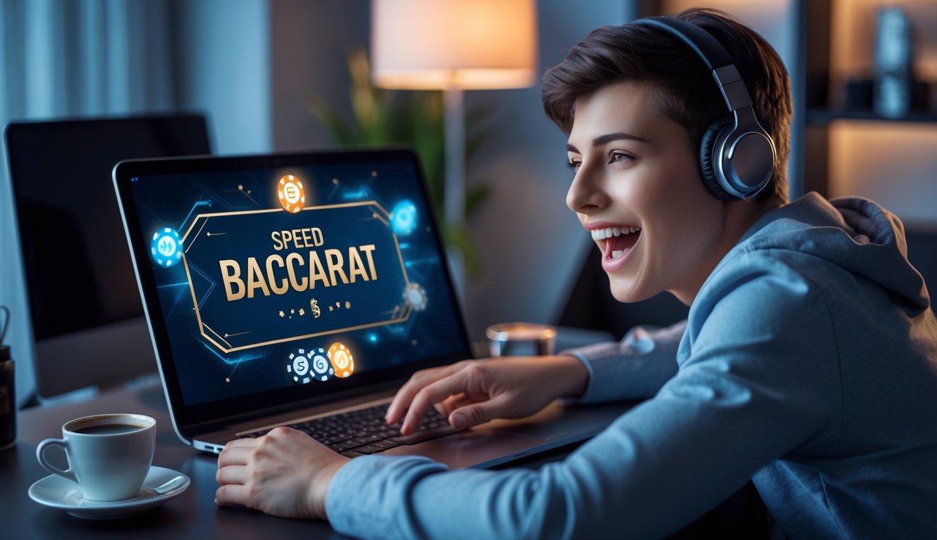 Seseorang sedang bermain permainan baccarat online dengan ekspresi antusias di depan laptop di lingkungan rumah yang nyaman.