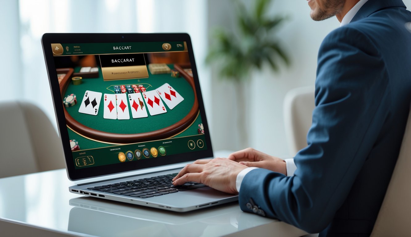 Seorang pria atau wanita menggunakan komputer dengan tampilan permainan baccarat online di layar, di meja yang rapi dan pencahayaan lembut.