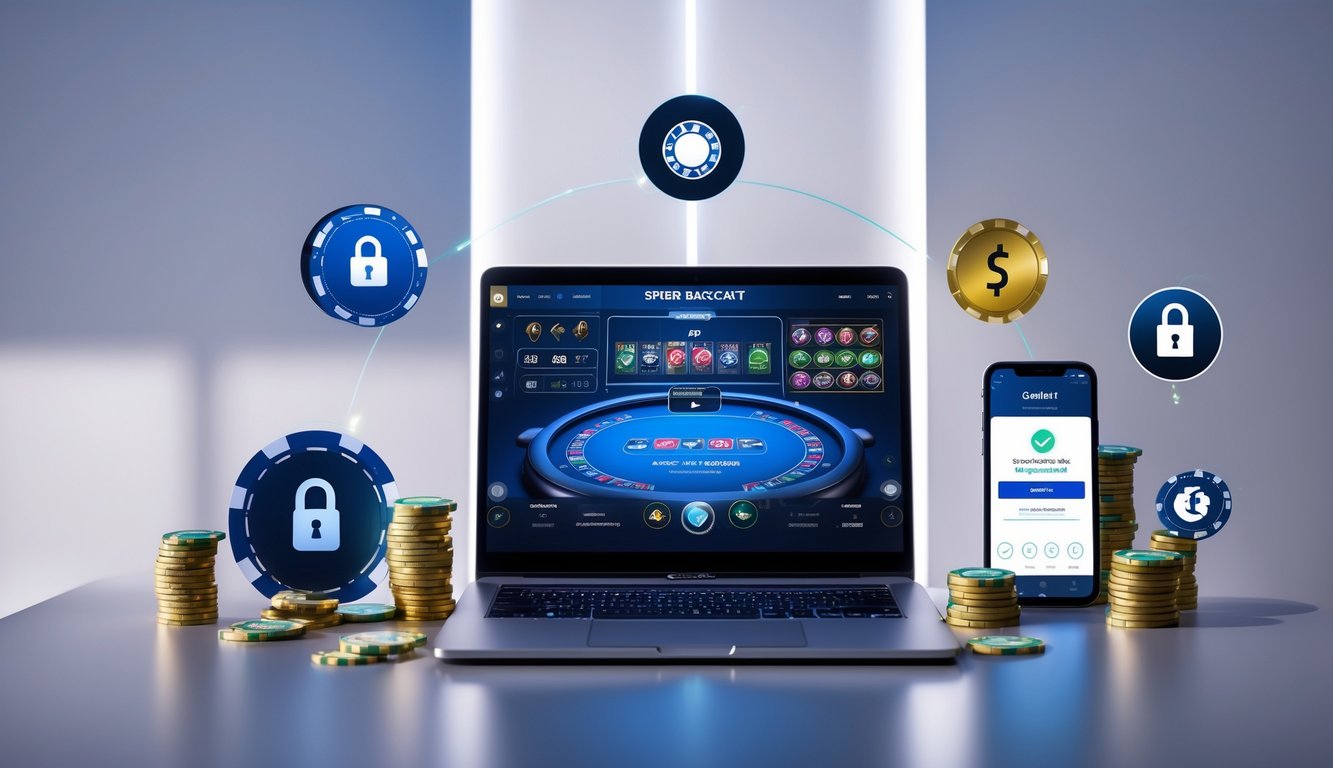 Meja kerja modern dengan laptop yang menampilkan permainan baccarat online dan perangkat pembayaran digital di sekitarnya.