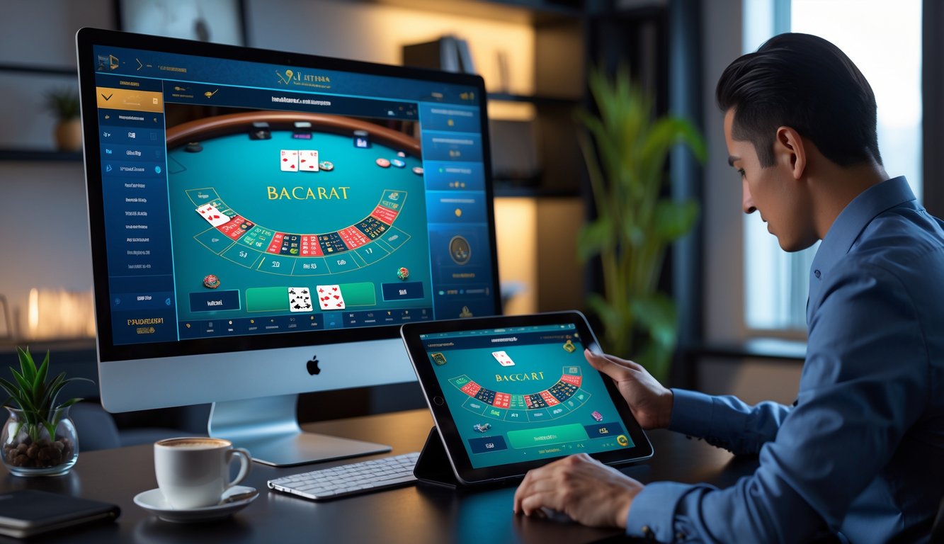 Seorang pria menggunakan komputer dan tablet untuk bermain baccarat online di ruangan yang nyaman dan modern.