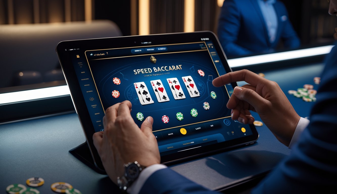 Seseorang menggunakan perangkat digital untuk bermain baccarat online dengan suasana modern dan teknologi canggih.