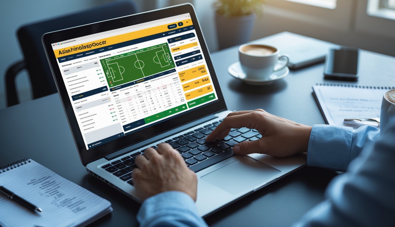 Seorang pengguna sedang menggunakan laptop dengan tampilan taruhan sepak bola handicap Asia online di meja kerja yang rapi.