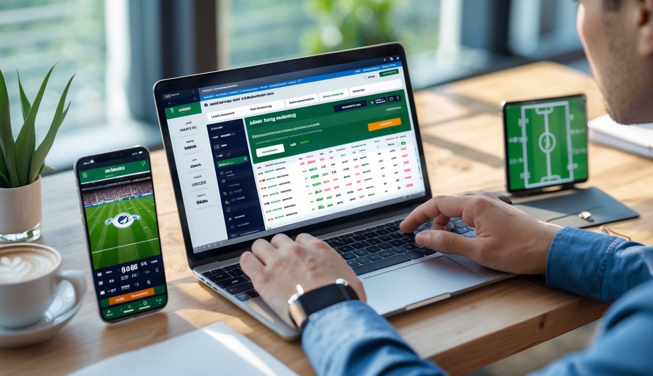 Seorang pria menggunakan laptop dan ponsel di meja kerja dengan tampilan situs taruhan olahraga online dan pertandingan sepak bola di layar.
