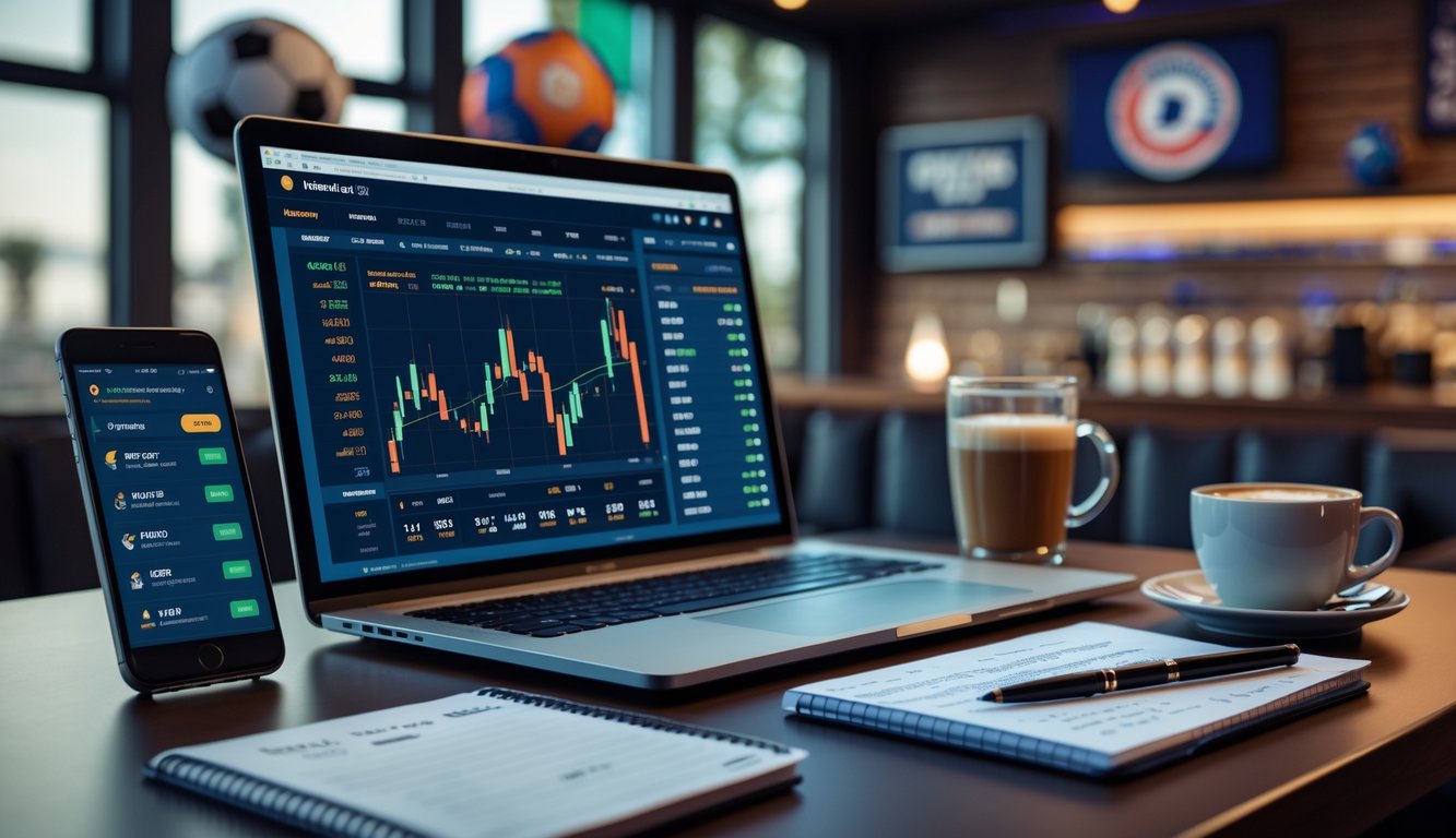 Seorang pria duduk di depan laptop dengan layar menampilkan data taruhan sepak bola, dikelilingi oleh ponsel, kopi, dan alat tulis di meja kerja.