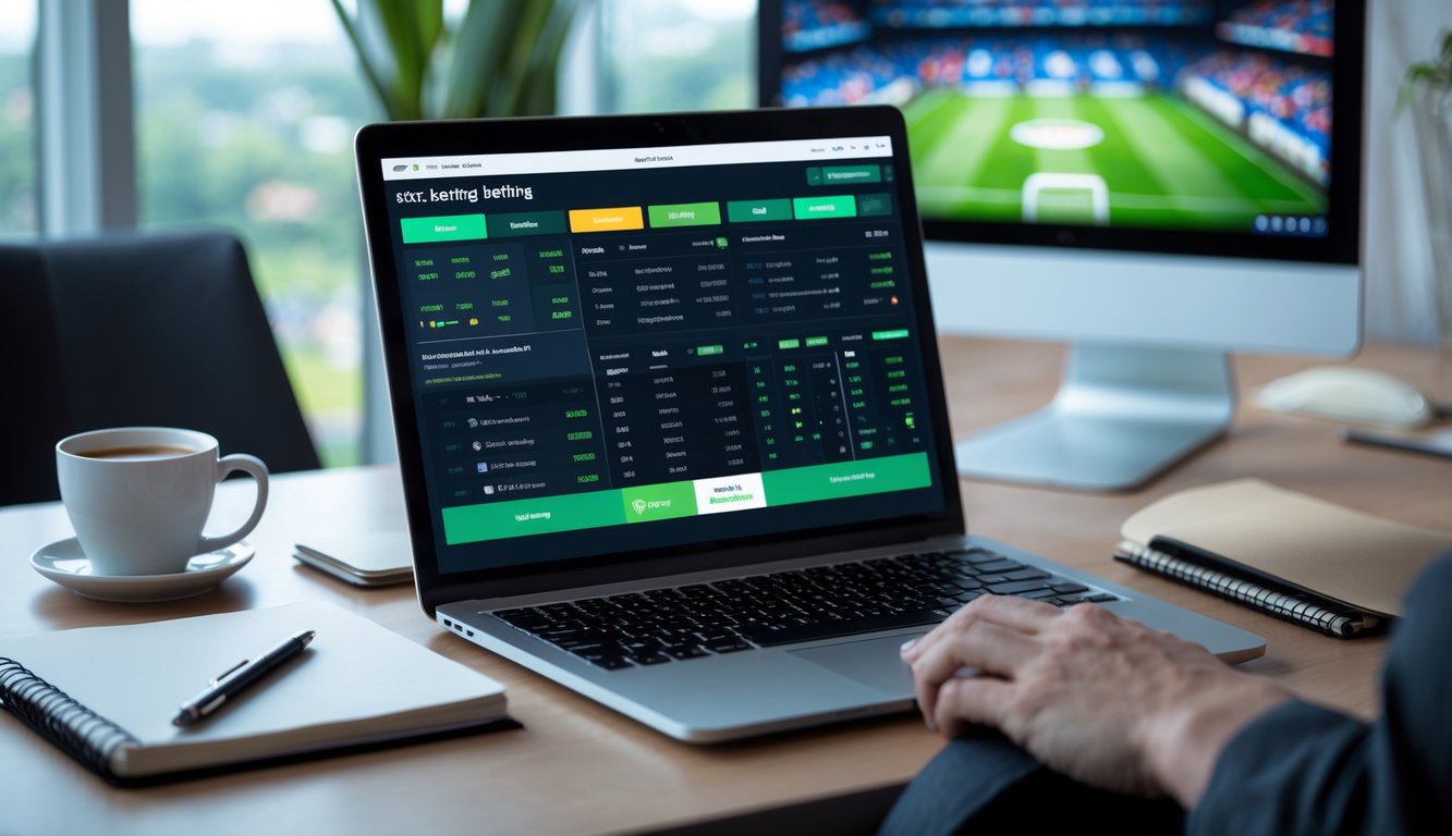 Meja kerja modern dengan laptop yang menampilkan antarmuka taruhan bola online dan alat tulis di sekitarnya.