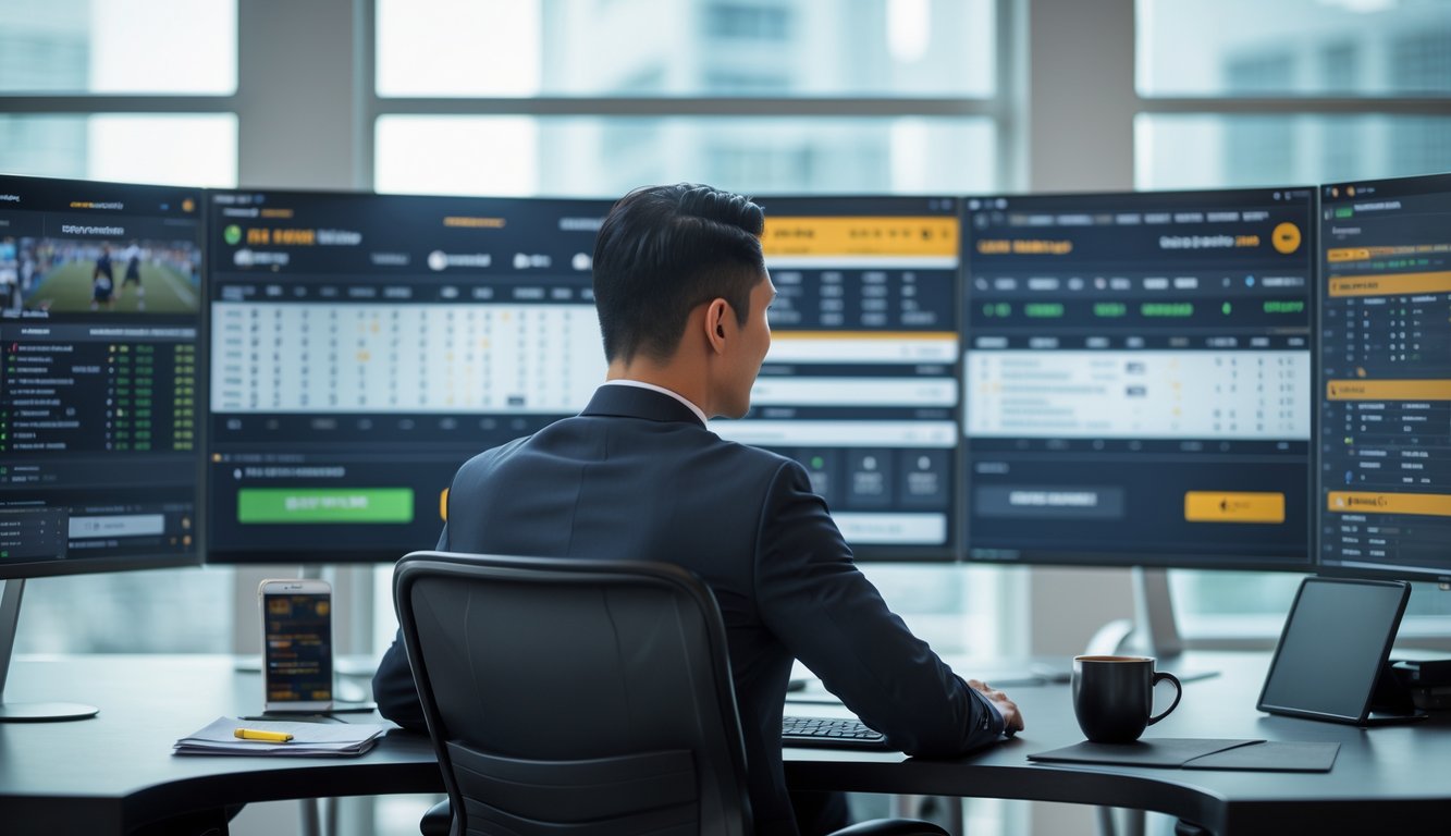 Seorang pria Asia duduk di meja kerja dengan beberapa monitor komputer yang menampilkan acara olahraga dan peluang taruhan, di dalam ruangan kantor yang terang dan modern.