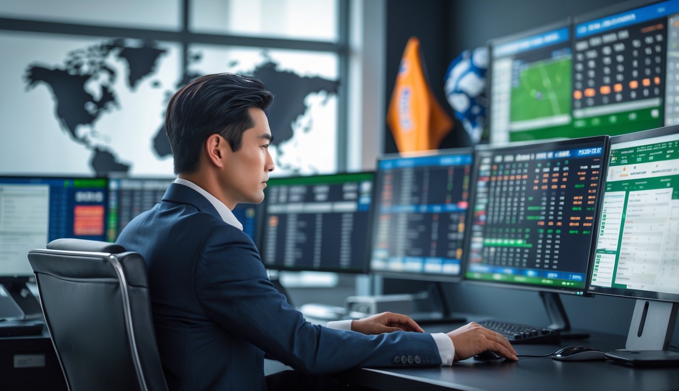 Seorang pria Asia yang percaya diri duduk di meja kantor dengan beberapa layar komputer menampilkan data taruhan olahraga.