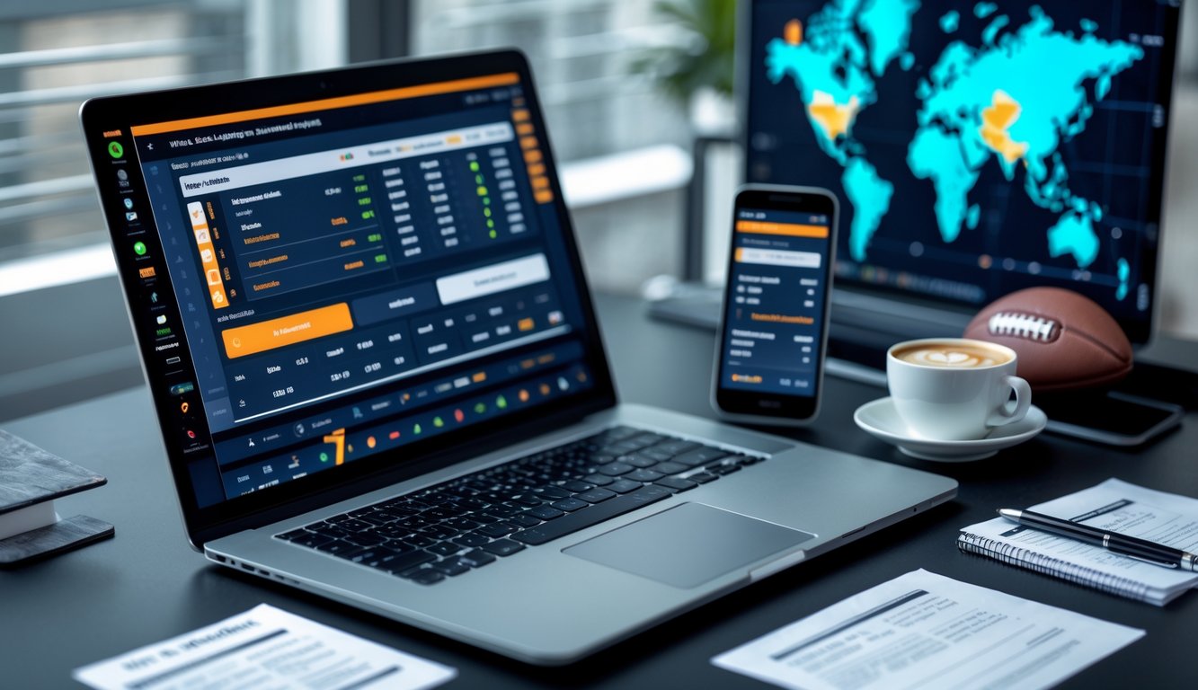 Seorang pria duduk di depan laptop dengan tampilan situs taruhan bola online, di meja terdapat ponsel, slip taruhan, dan cangkir kopi.