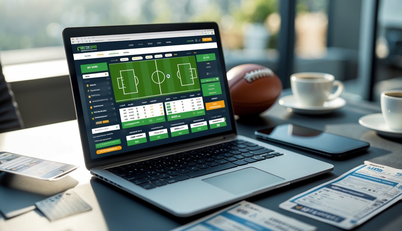 Seorang pria duduk di depan laptop yang menampilkan situs taruhan bola dengan informasi handicap Asia, di meja terdapat bola sepak dan ponsel.