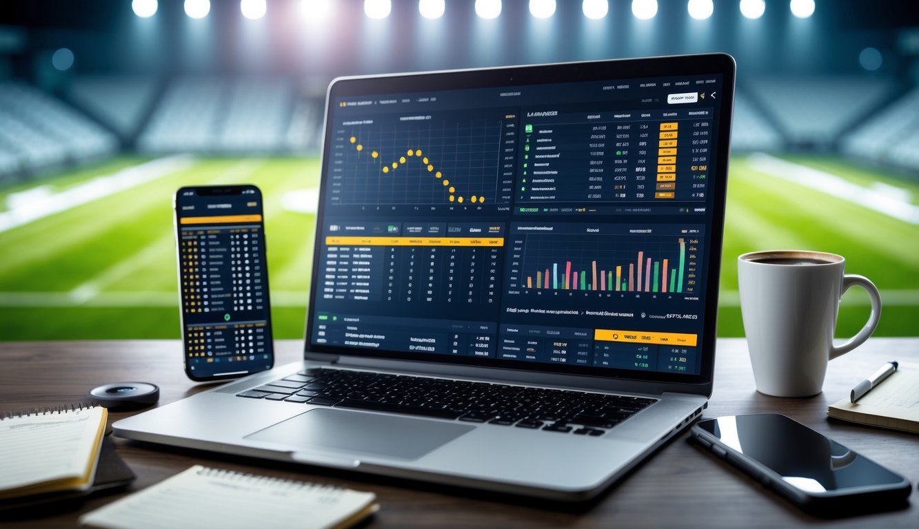Meja kerja dengan laptop yang menampilkan statistik taruhan sepak bola handicap Asia, ponsel dengan skor pertandingan, dan latar belakang stadion sepak bola.