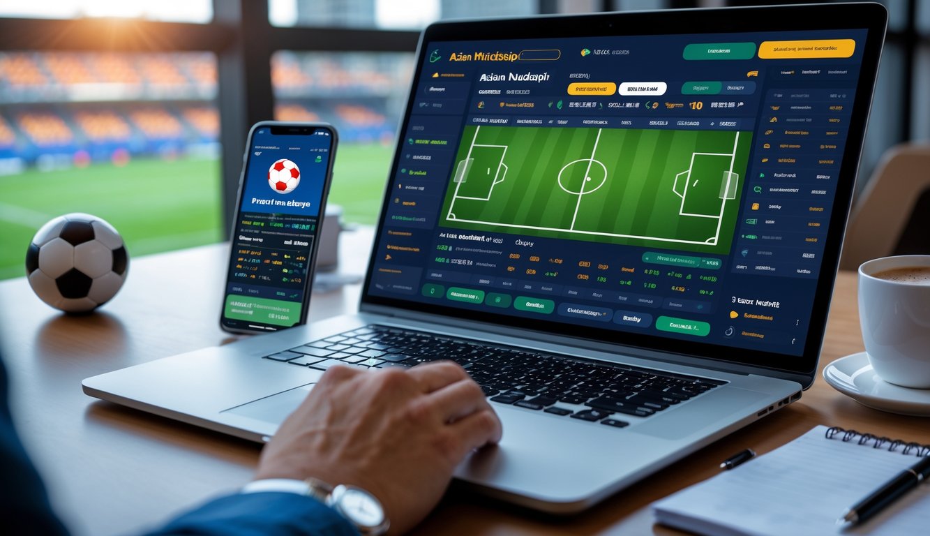 Seorang pria menggunakan laptop dengan tampilan situs taruhan sepak bola handicap Asia, di meja terdapat ponsel, kopi, dan alat tulis, dengan latar belakang bola sepak dan suasana kantor modern.