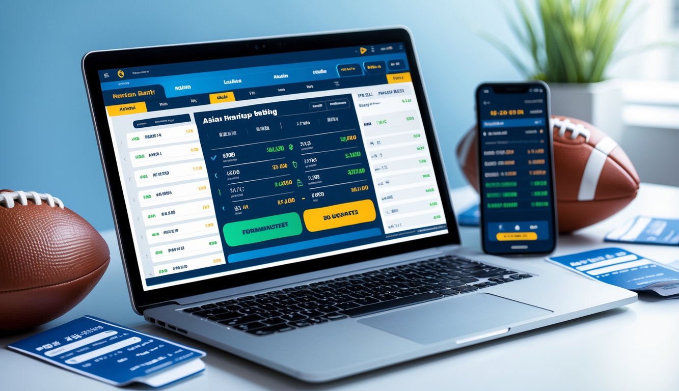 Seorang pria menggunakan laptop dengan layar menampilkan antarmuka taruhan bola handicap Asia, dikelilingi bola sepak dan ponsel yang menunjukkan pembaruan taruhan langsung di meja kerja.