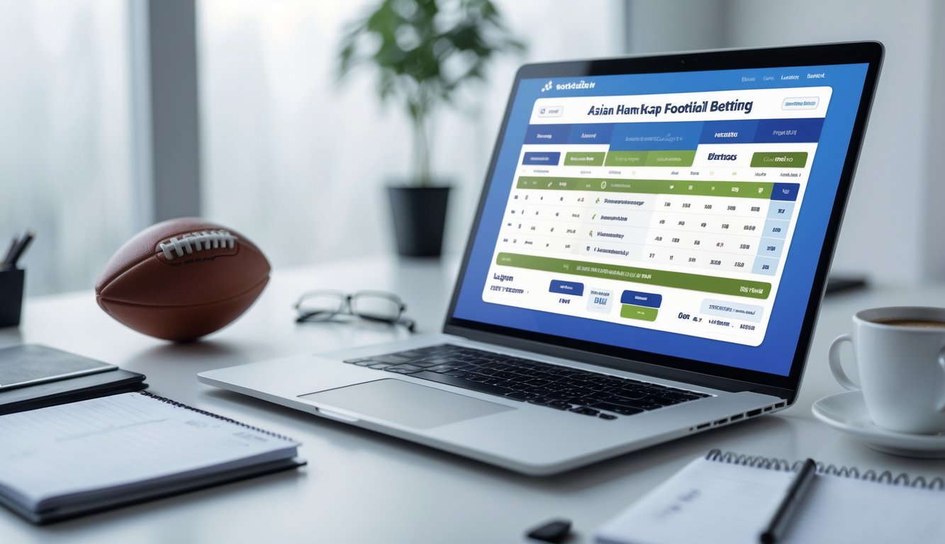 Seorang pengguna sedang melihat layar komputer yang menampilkan antarmuka taruhan bola online dengan fokus pada handicap Asia, di meja kerja dengan bola sepak dan catatan taruhan.