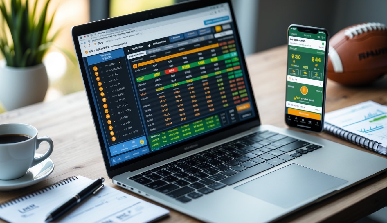 Seorang pria duduk di depan laptop yang menampilkan statistik taruhan sepak bola, dengan ponsel dan catatan di meja, suasana fokus dan profesional.