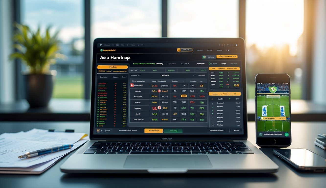 Meja kerja modern dengan laptop menampilkan data taruhan sepak bola dan ponsel yang menunjukkan pertandingan sepak bola langsung.