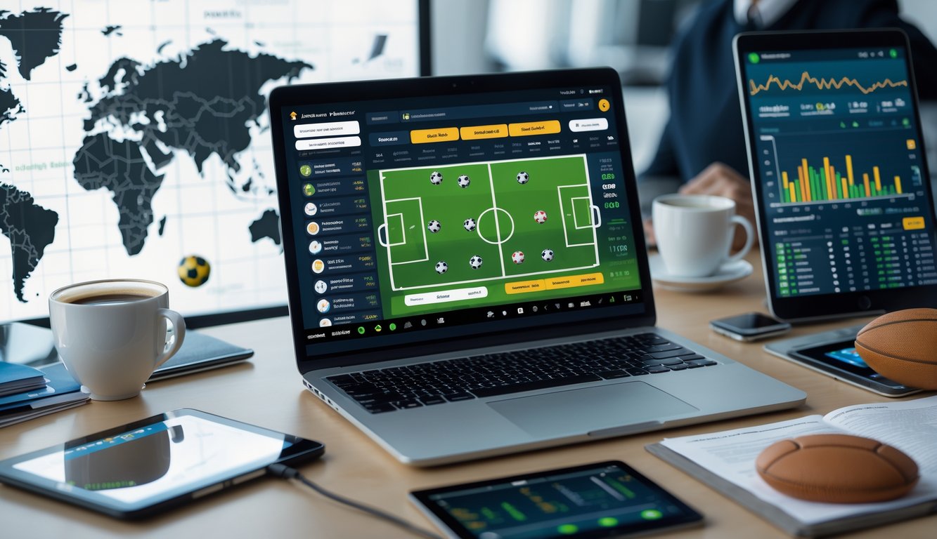 Sebuah laptop di meja kerja menampilkan situs taruhan bola online dengan odds handicap Asia, dikelilingi bola sepak, tablet dengan statistik pertandingan, dan secangkir kopi.
